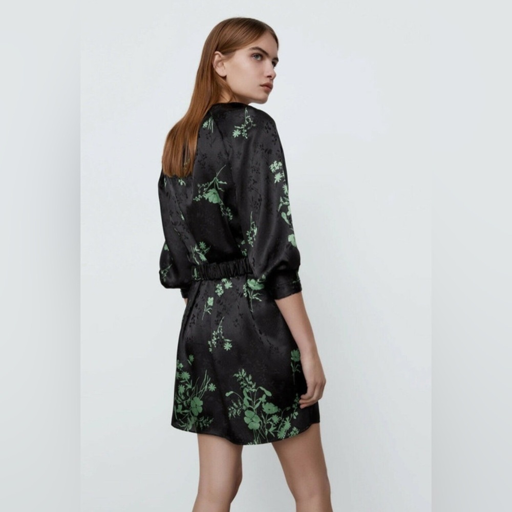 Zara Green Black Jacquard Floral Print Belted Mini Dress, Size S - Picture 12 of 16
